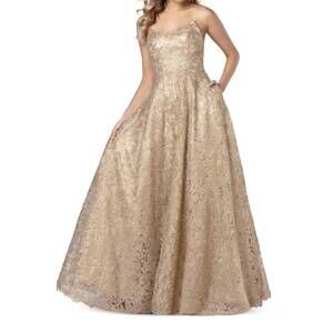NEW BLUSH PROM metallic lace scoopneck gown in gold